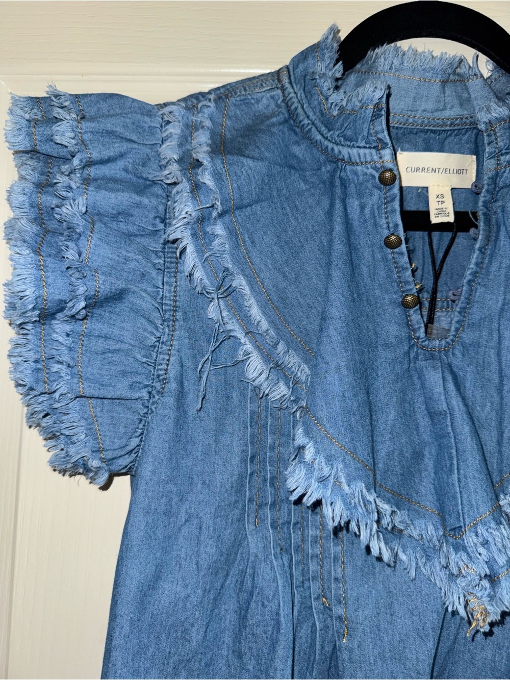 Current/Elliott Blue Frayed Ruffle Sleeve Drawstring Top NWT - Picture 4 of 5